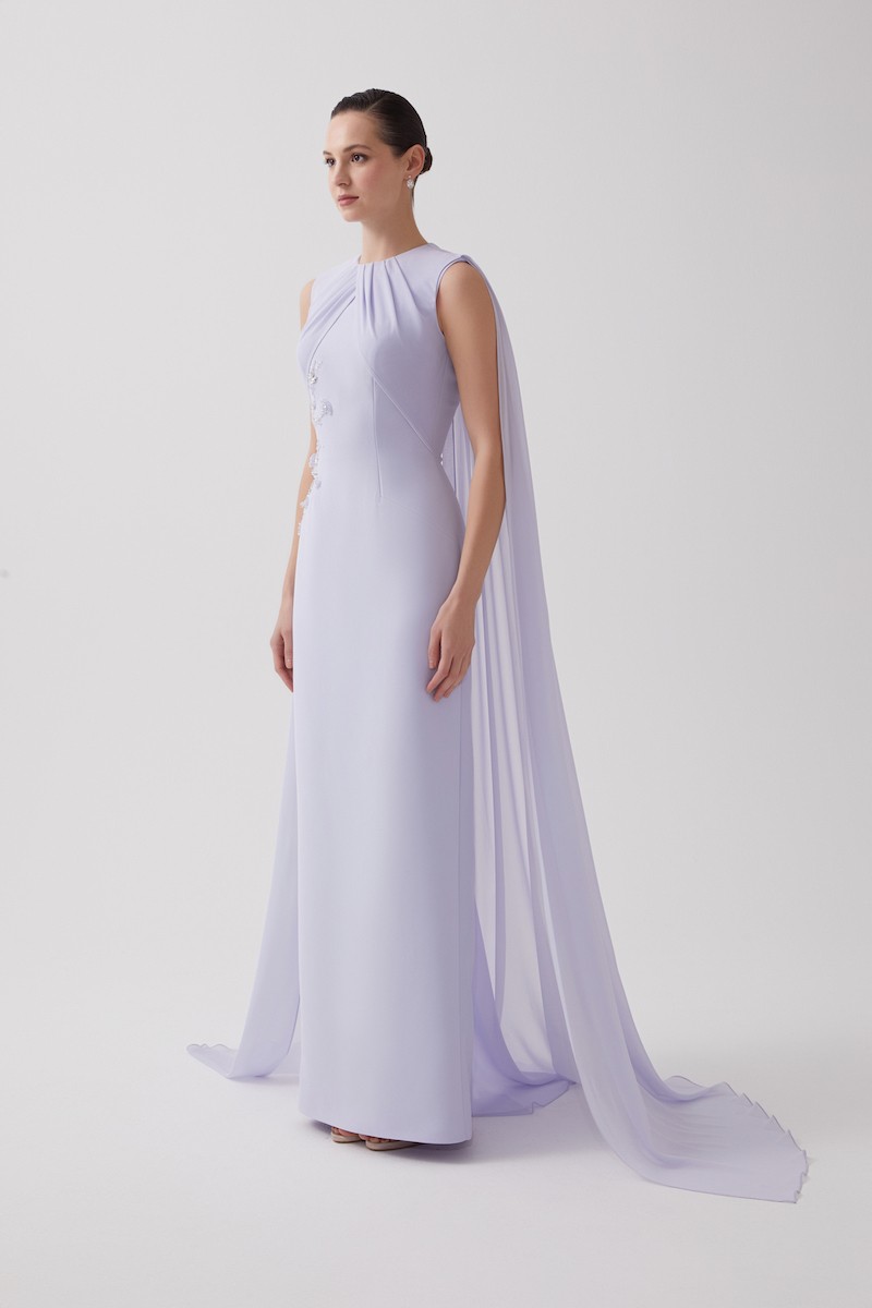 R105 - Crew Neckline, Front Chiffon Pleats, Chiffon Cape at the Back, Hand-Embroidered Front Details, Back Slit, Straight Cut, Full-Length Dress