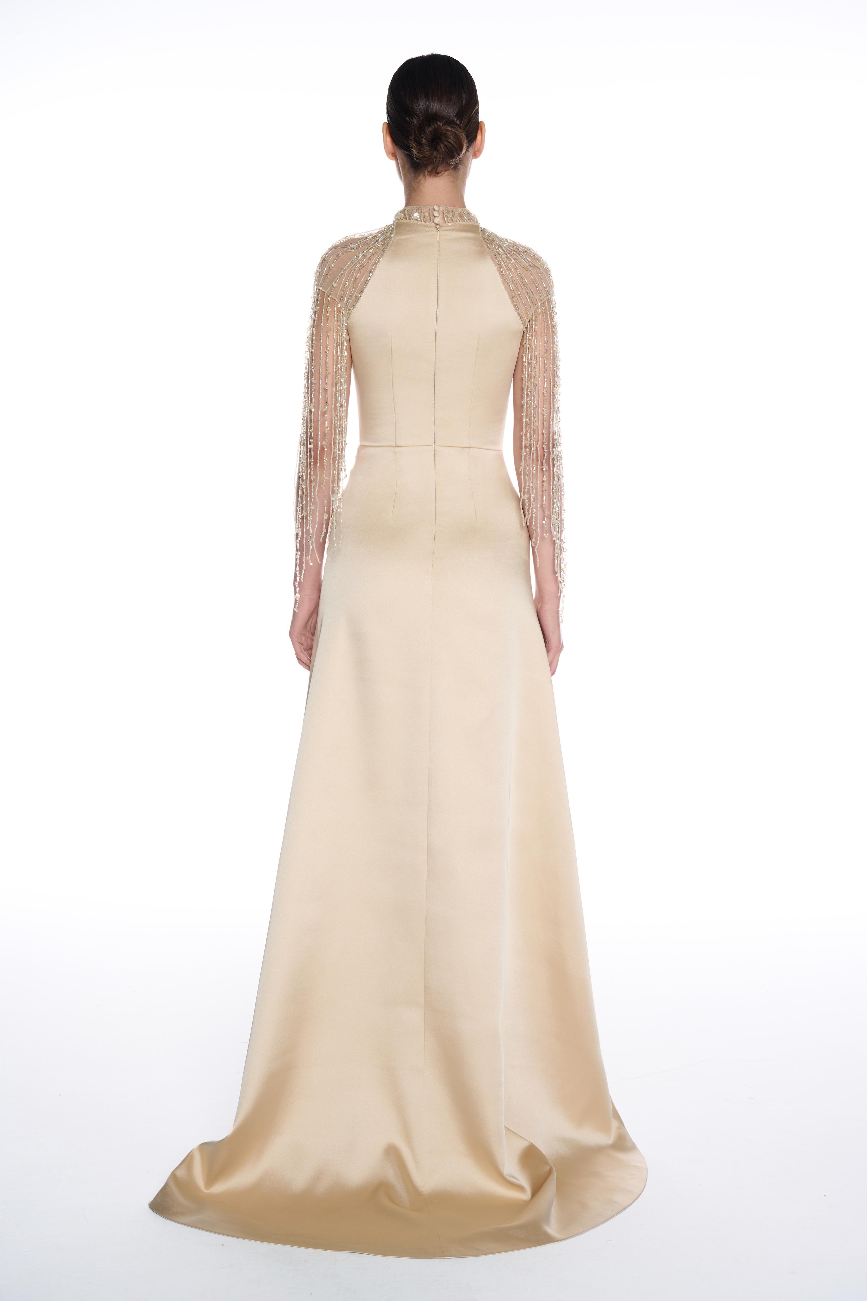 R35 - Halterneck, Plunging Neckline, Handmade Beaded Tassel Detailing on the Neckline, Shoulders and Sleeves, Front Slit, Long Dress