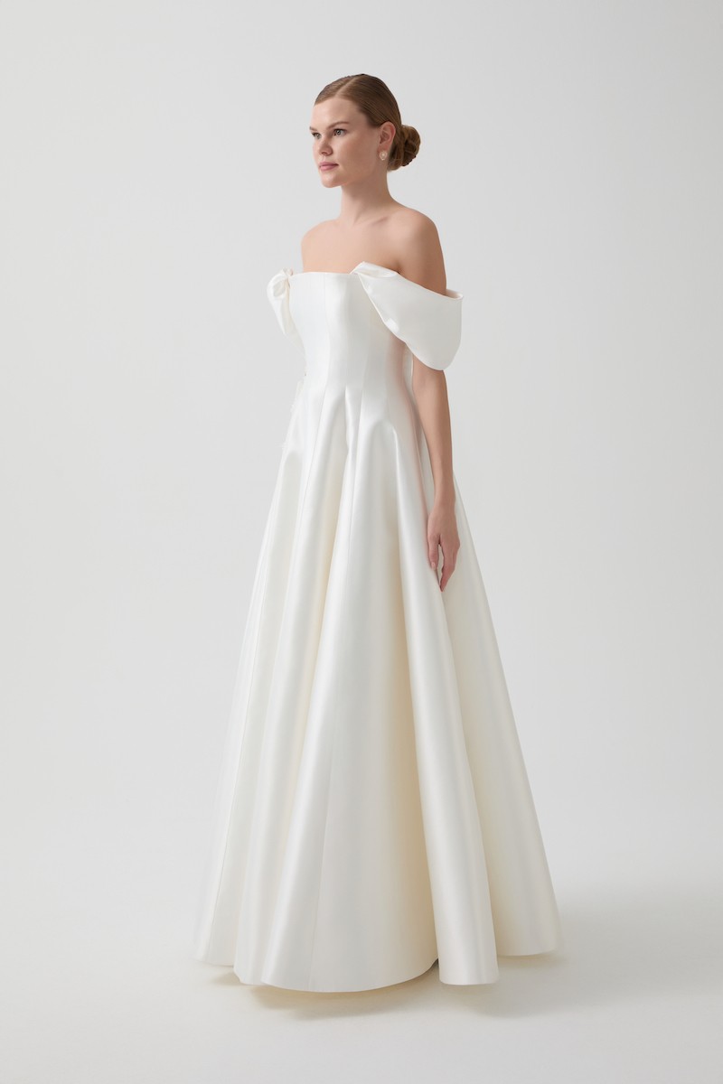 R122 - Strapless, Corset Bodice, Off-Shoulder Sleeves, Hand-Embroidered Front Details, Paneled Flared Cut, Full-Length Dress