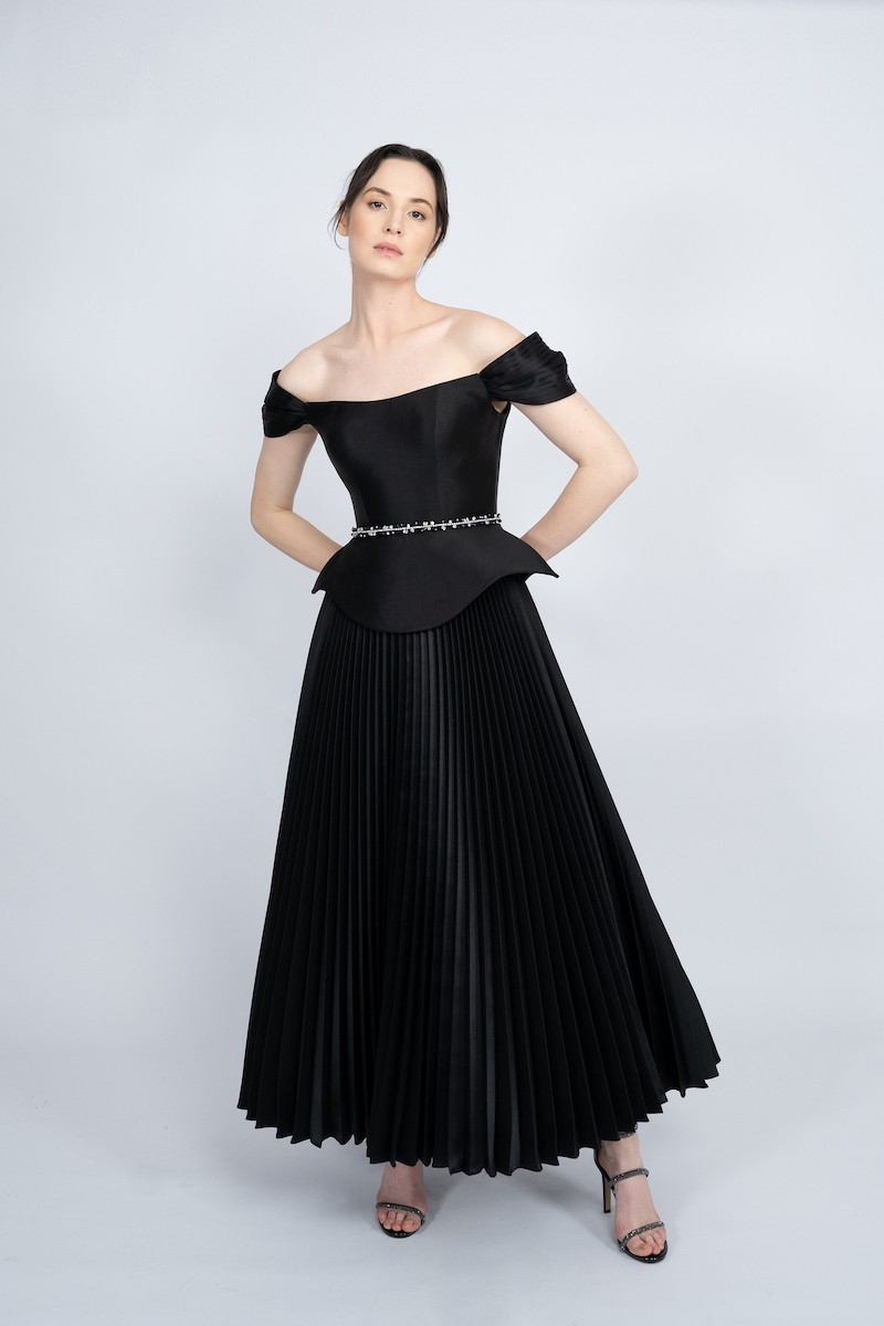 R52 - Boat Neck, Off-Shoulder, Corseted Bodice, Peplum Waist, Pleated Skirt, Detachable Embellished Belt, Maxi Dress