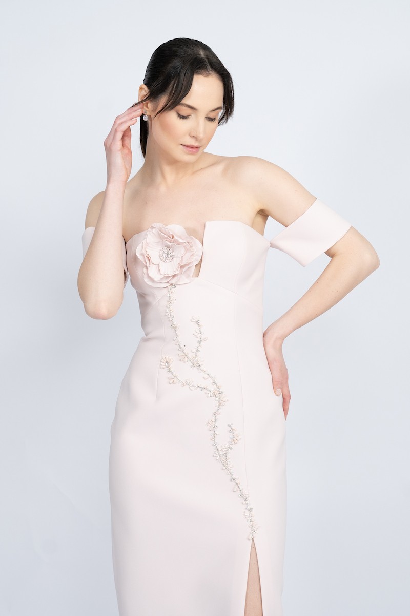 R57 - Off-Shoulder, V-Neckline, Front Slit, Handmade Floral Detail, Hand-Embellished, Straight Cut, Long Dress