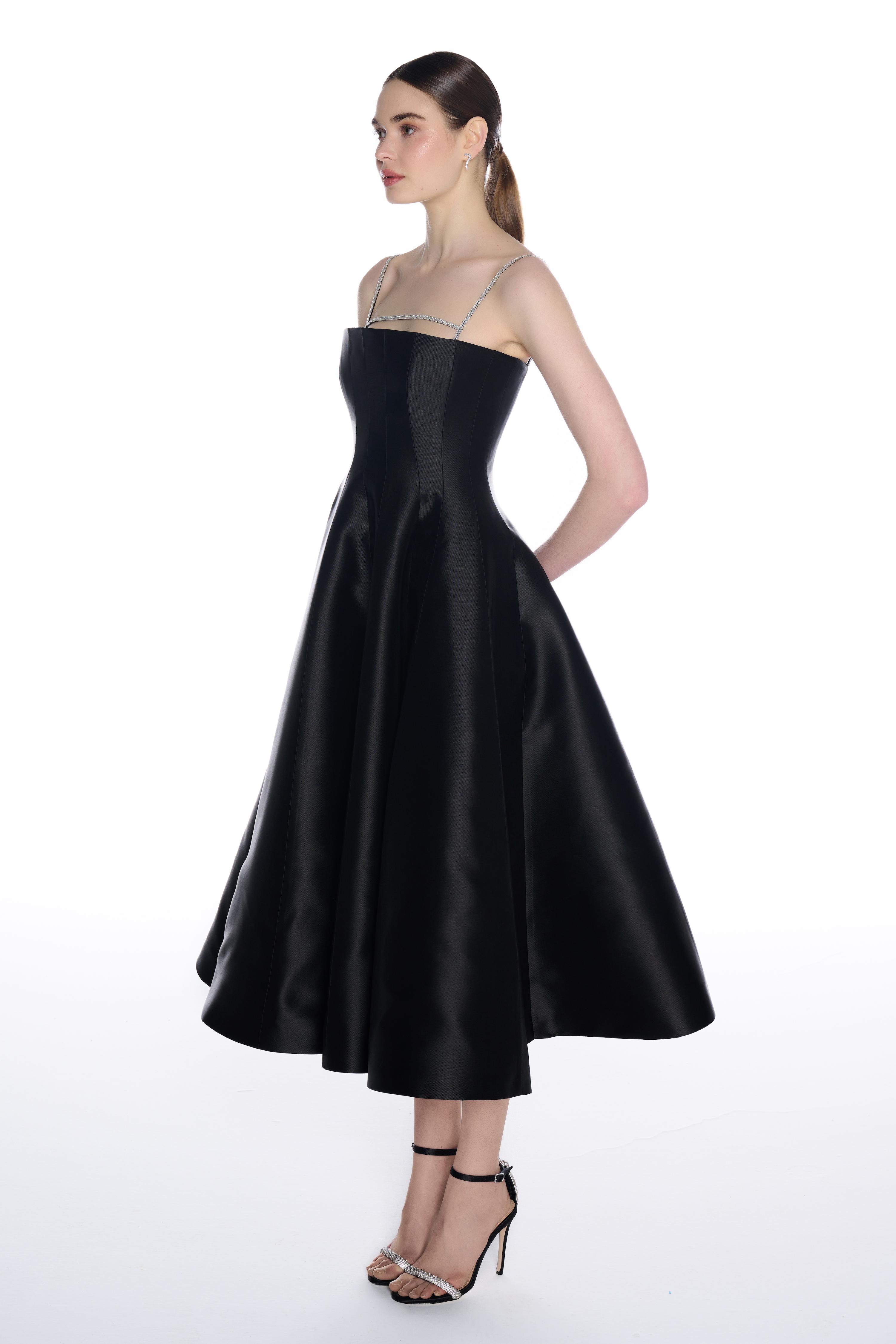 R11 - Stand Collar, Corset Bodice, Stone Chain Detail on Neckline and Shoulder, Godet Skirt, Midi Dress