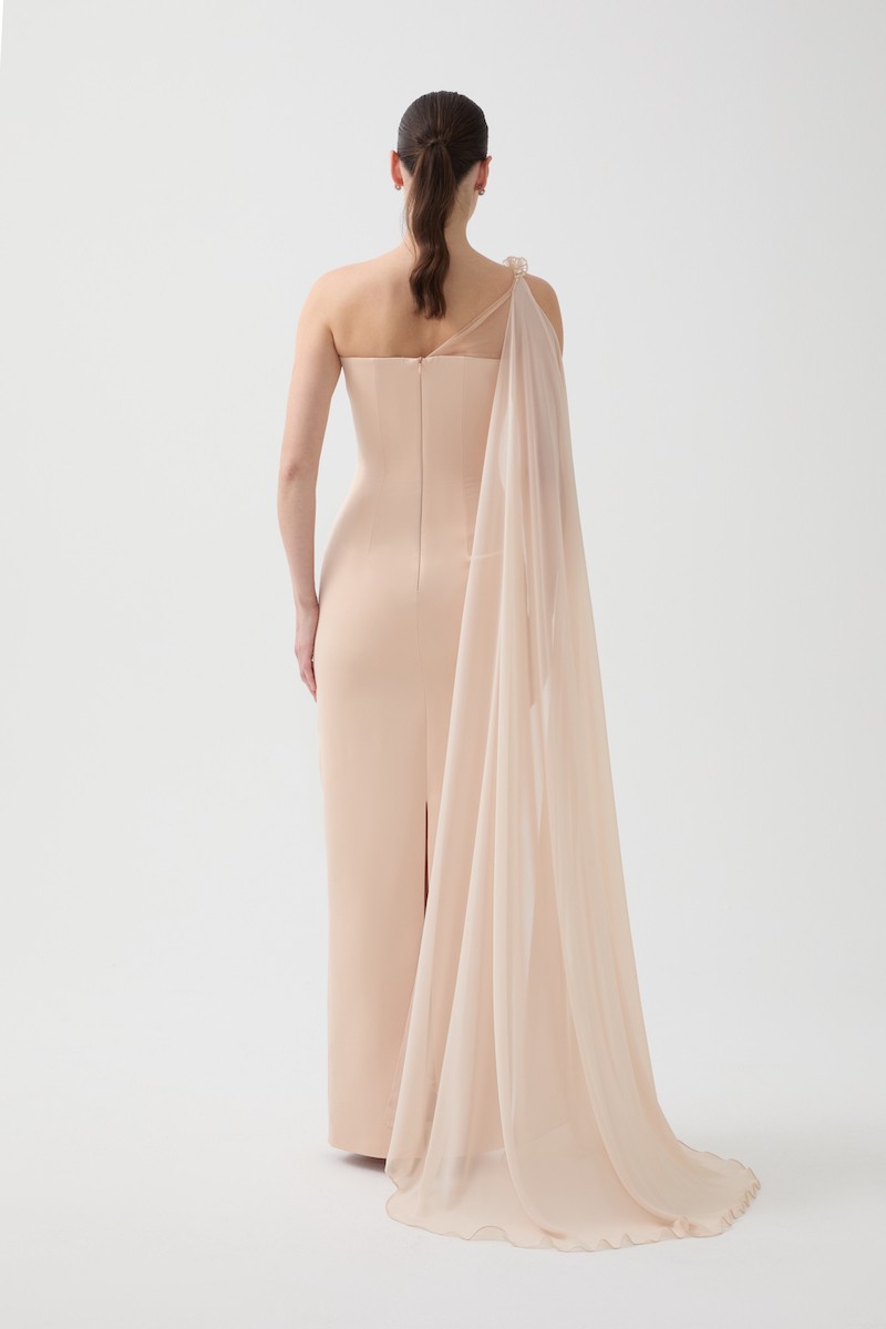 R97 - Strapless Structured Bodice, Sheer Hand-Embroidered Single Shoulder, Chiffon Cape on One Shoulder, Back Slit, Fitted Cut, Full-Length Dress