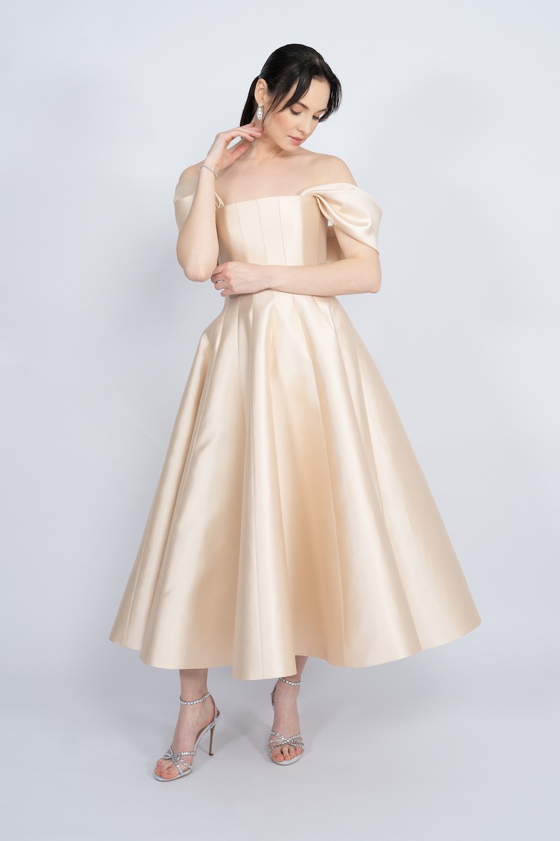 R53 - Straight Collar, Corseted Bodice, Off-Shoulder, Godet Skirt, Maxi Dress