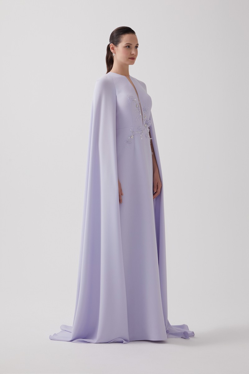 R102 - Deep V-Neckline, Long Cape Sleeves, Hand-Embroidered Front Detail, Back Slit, A-Line, Full-Length Dress