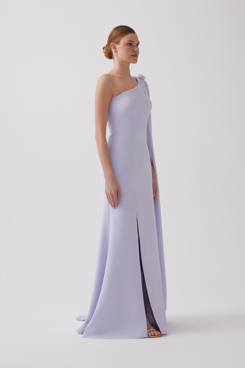 R123 - One-Shoulder, Shoulder Cape, Padded, Hand-Embroidered Shoulder Details, Front Slit, Mermaid Cut, Full-Length Dress