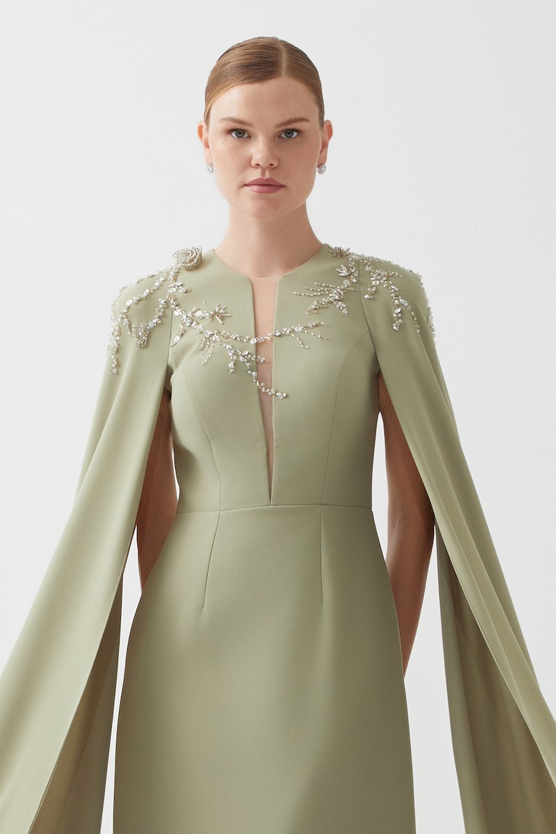 R118 - Deep V-Neckline, Long Cape Sleeves, Hand-Embroidered Front Detail, Back Slit, A-Line, Full-Length Dress