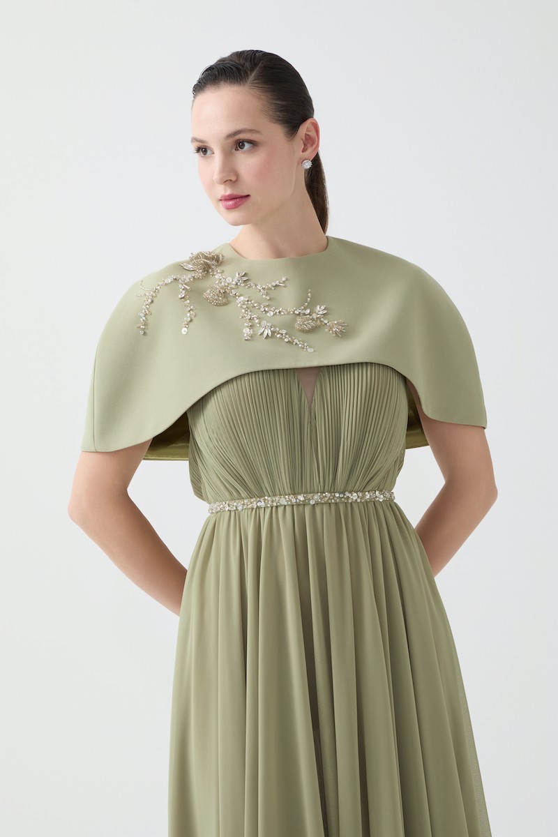 R94 - V-Neckline, Wrinkled Pleats, Removable Hand-Embroidered Cape and Belt Details, Flared Skirt, Full-Length Dress