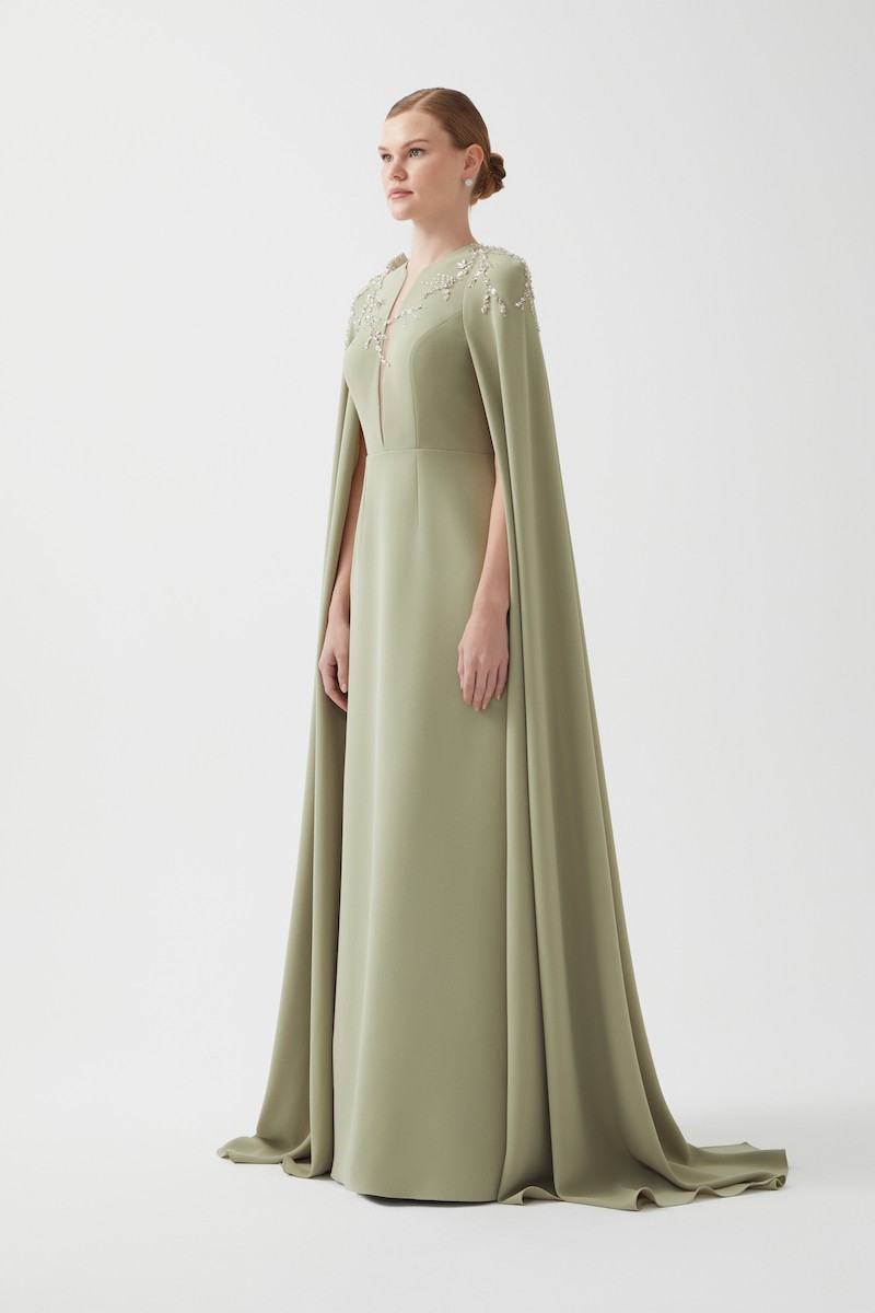 R118 - Deep V-Neckline, Long Cape Sleeves, Hand-Embroidered Front Detail, Back Slit, A-Line, Full-Length Dress