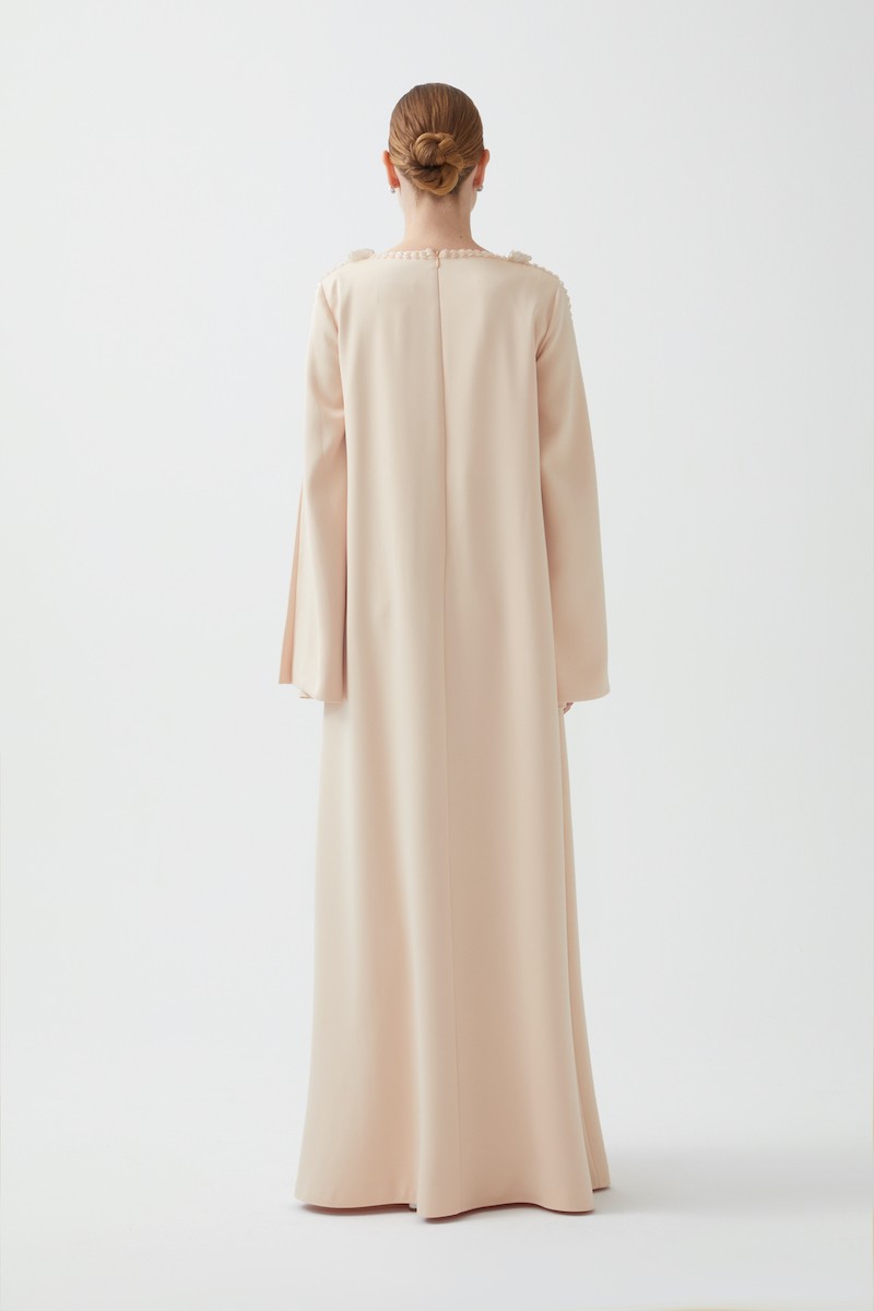 R82 - Ruffled Sleeves, Shoulder and Arm Cut-Outs, Boat Neckline, Hand-Embroidered Details, Loose Fit, Full-Length Dress