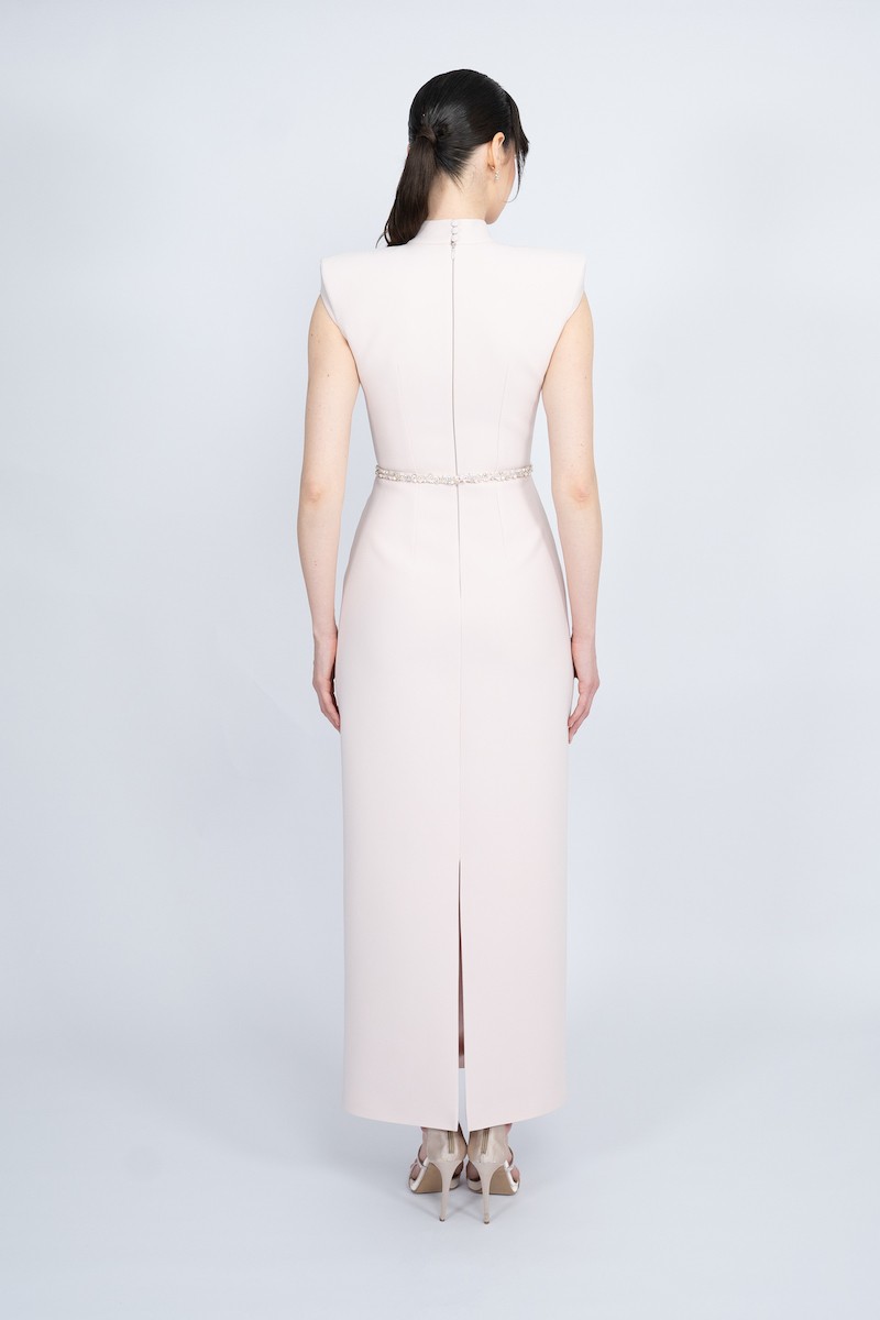 R51 - Mandarin Collar, Padded Shoulders, Plunging Neckline, Stone Embellished Front, Detachable Embellished Belt, Back Slit, Straight Cut, Maxi Dress