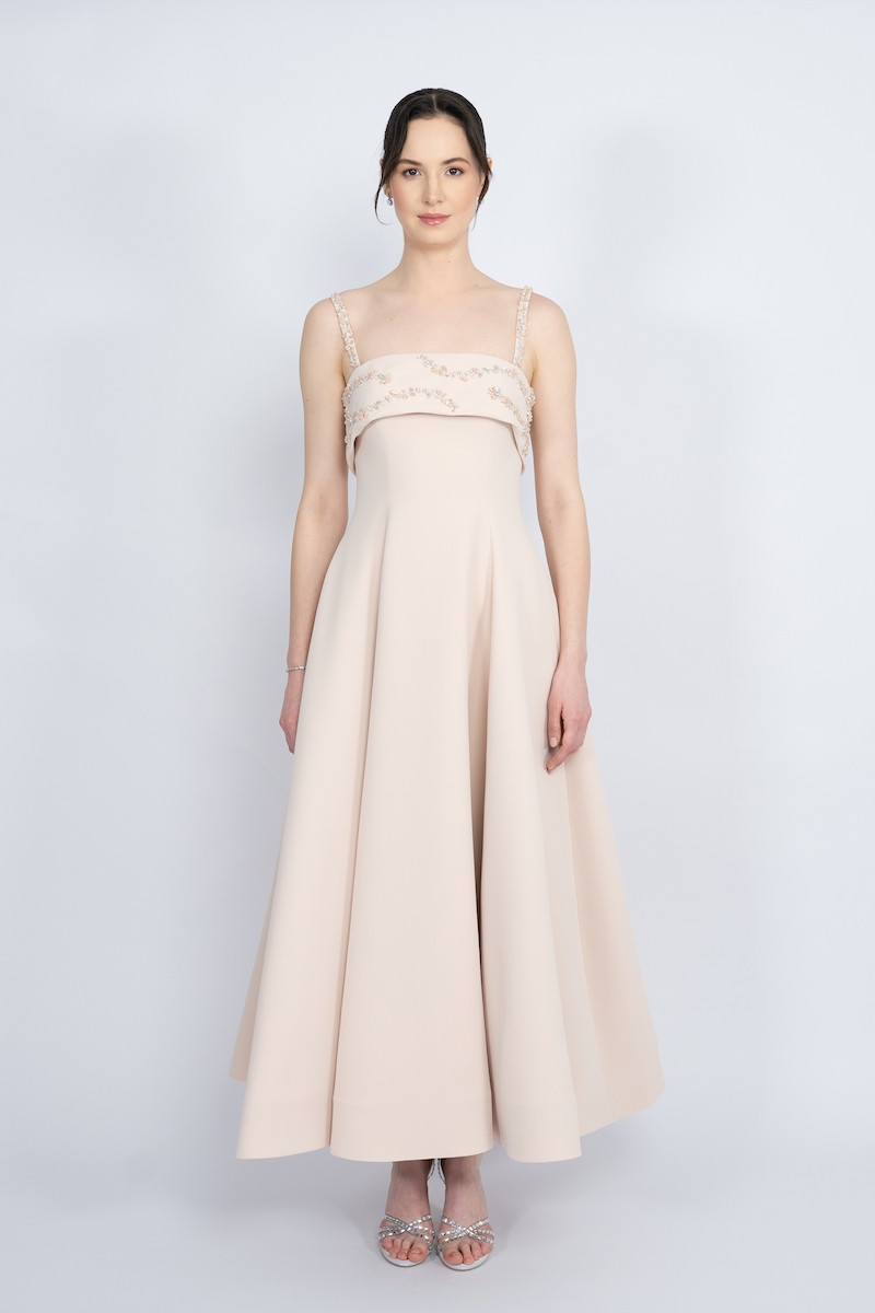 R56 - Strap Shoulder, Strapless Neckline, Bust and Straps Embellished, Hidden Pocket, Flared Cut , Maxi Dress