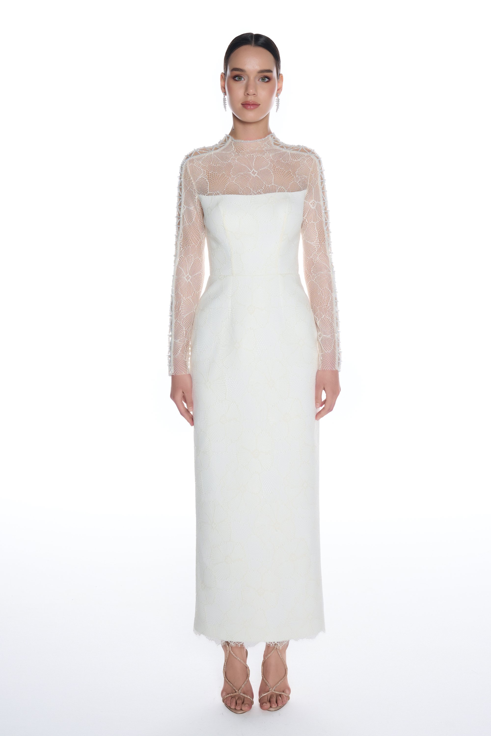 R06 - High Neckline, Crystal Stone Hand-Embroidery Detail on Shoulders, Full Lace, Back Slit, Long Pencil Dress