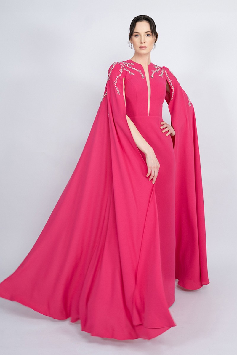 R49 - Straight Cut with Cape, Deep Neckline, Hand-Embroidered Shoulders, Slit at the Back, Long Dress