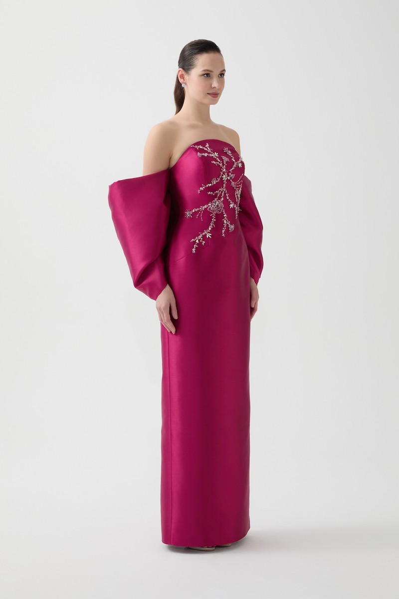 R109 - Strapless, Bow Sleeves, Hand-Embroidered Front Detail, Straight Cut, Back Slit, Full-Length Dress