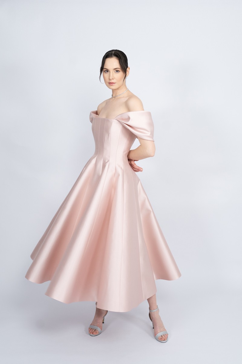 R53 - Straight Collar, Corseted Bodice, Off-Shoulder, Godet Skirt, Maxi Dress