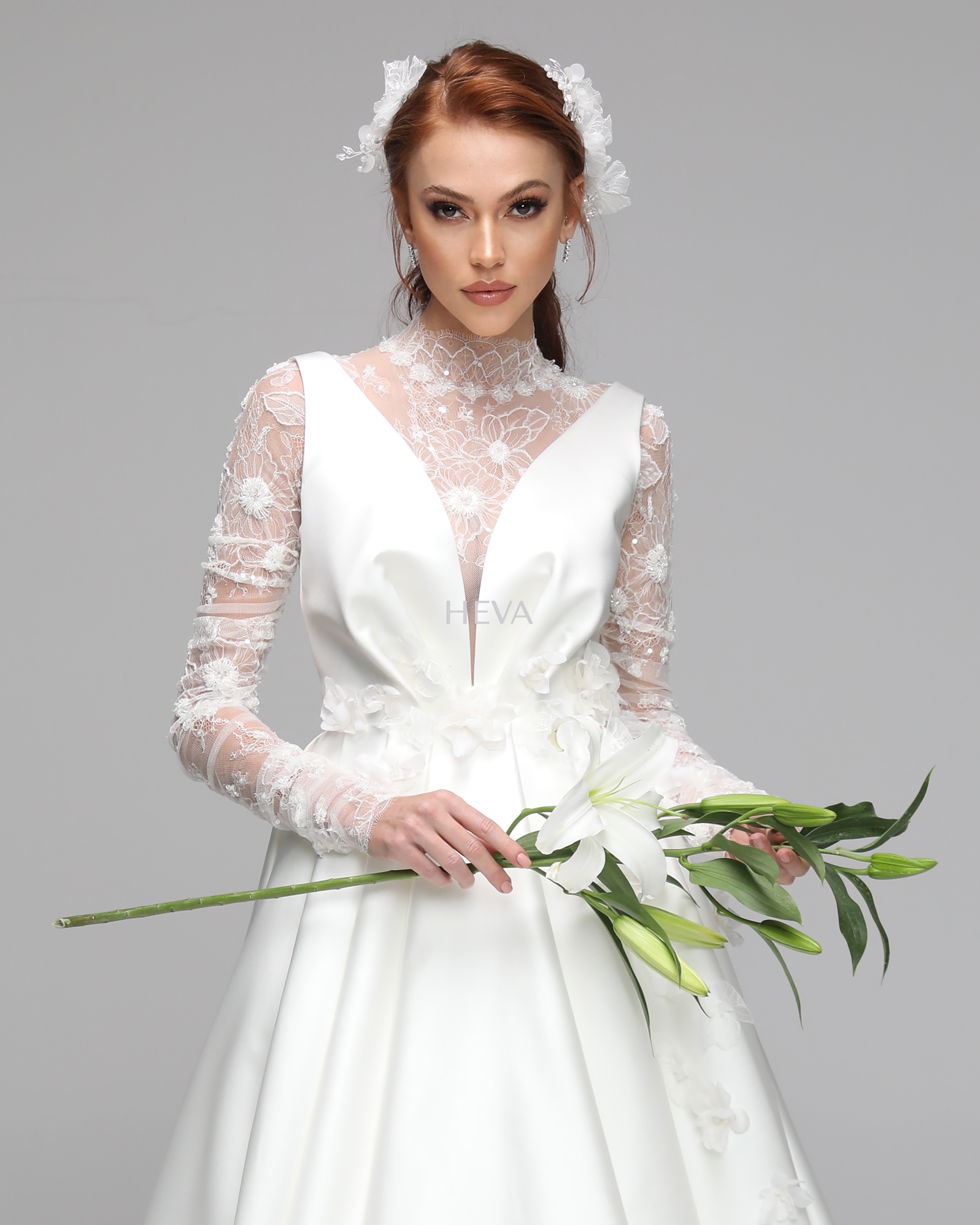 HV22016 - Long-Sleeved, Sheer Satin Bodice Wedding Gown with Lace-Trimmed, Tulle Skirt and Handcrafted Silk Flowers 