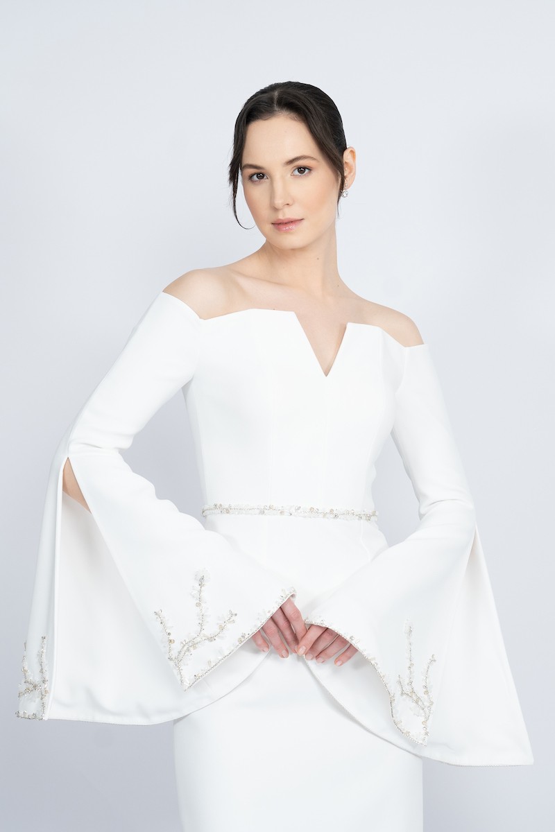 R54 - Off-Shoulder, V-Neckline, Spanish Sleeve, Sleeves with Slit and Embellishment, Detachable Embellished Belt, Back Slit, Straight Cut, Long Dress