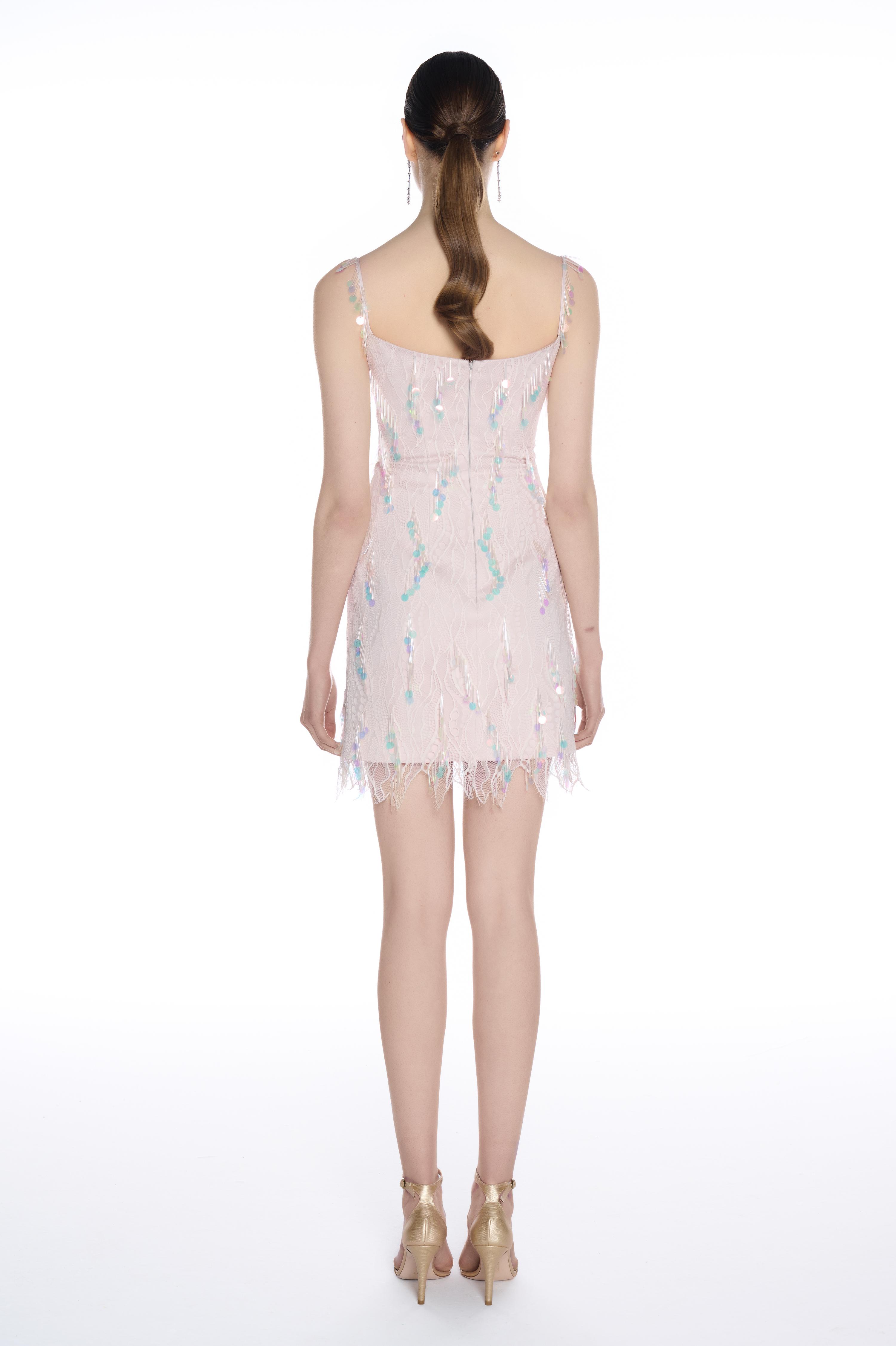 R39 - Thin Strap, Complete Lace, Fringed and Bead Hand Embroidery Detailing on the Upper Body, Narrow Mini-Length Dress