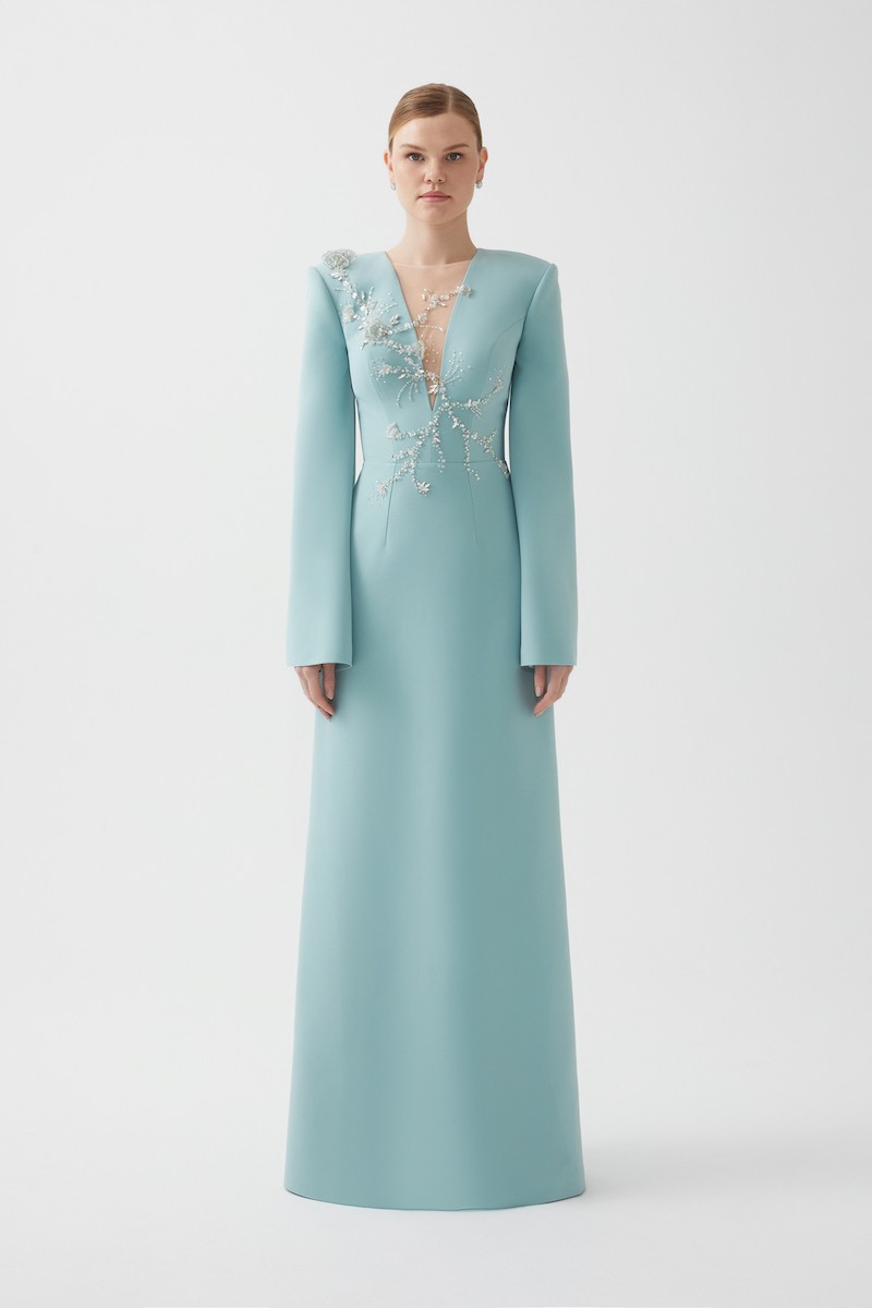 R101 - V-Neckline, Padded Shoulders, Hand-Embroidered Shoulder Details, Slit Ruffled Sleeves, Back Slit, A-Line, Full-Length Dress