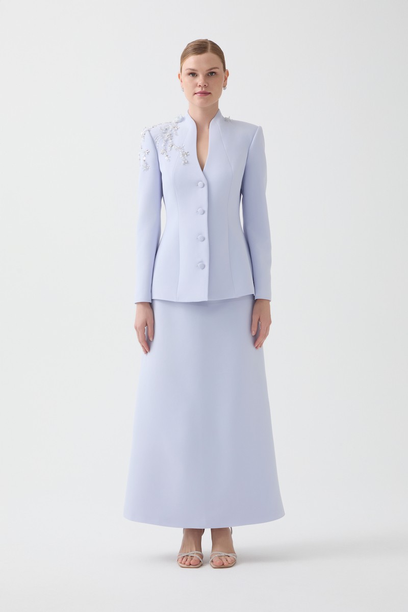 R116 - High V-Neckline, Padded Shoulders, Long Sleeves, Embroidered Shoulder Details, Fabric-Covered Front Buttons, A-Line Cut, Two-Piece Suit