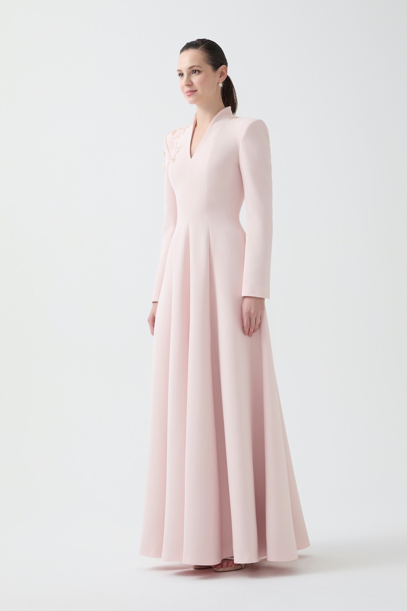 R85 - High V-Neck, Padded Shoulders, Long Sleeves, Embroidered Shoulder Details, Paneled Flared Skirt, Pockets, Full-Length Dress