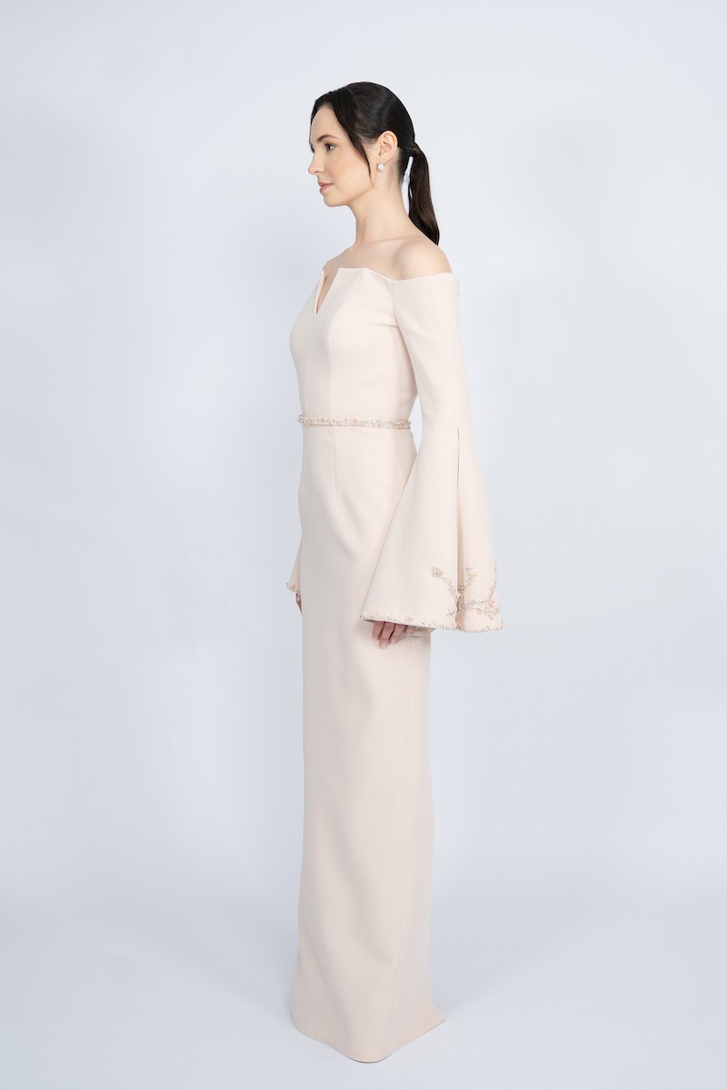 R54 - Off-Shoulder, V-Neckline, Spanish Sleeve, Sleeves with Slit and Embellishment, Detachable Embellished Belt, Back Slit, Straight Cut, Long Dress