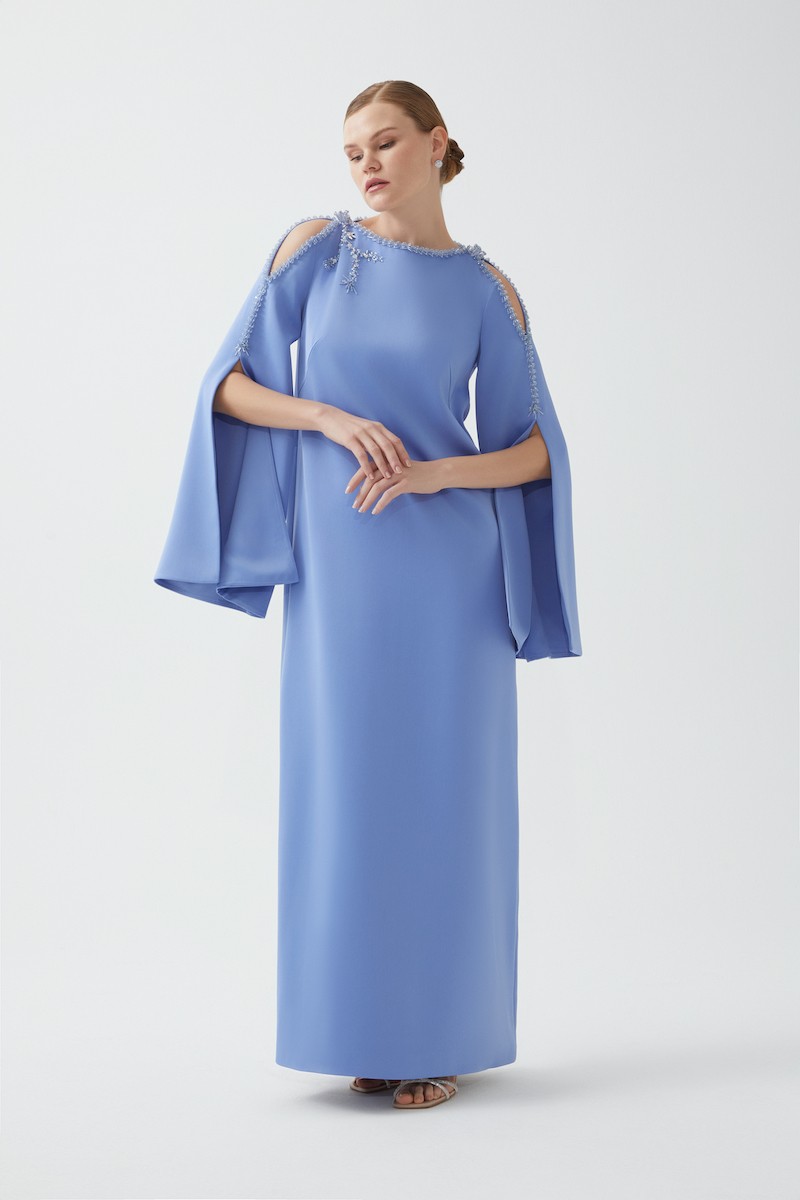 R82 - Ruffled Sleeves, Shoulder and Arm Cut-Outs, Boat Neckline, Hand-Embroidered Details, Loose Fit, Full-Length Dress