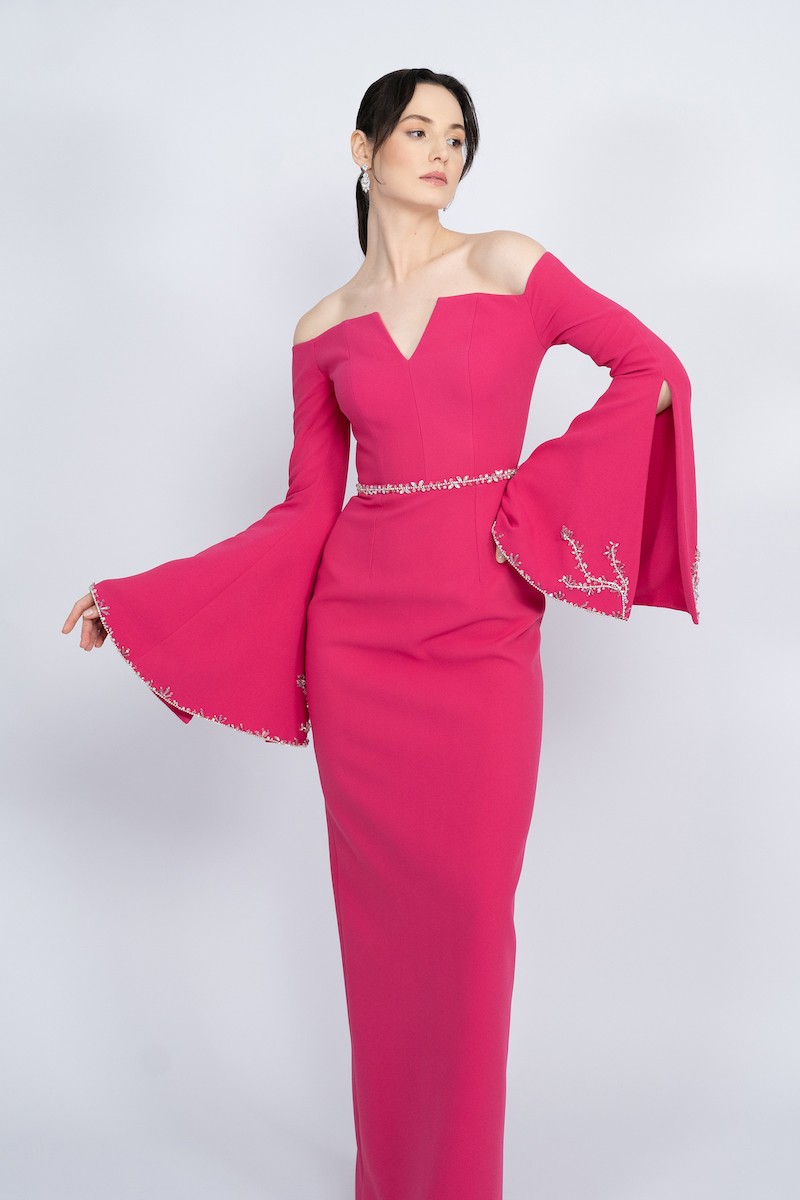 R54 - Off-Shoulder, V-Neckline, Spanish Sleeve, Sleeves with Slit and Embellishment, Detachable Embellished Belt, Back Slit, Straight Cut, Long Dress