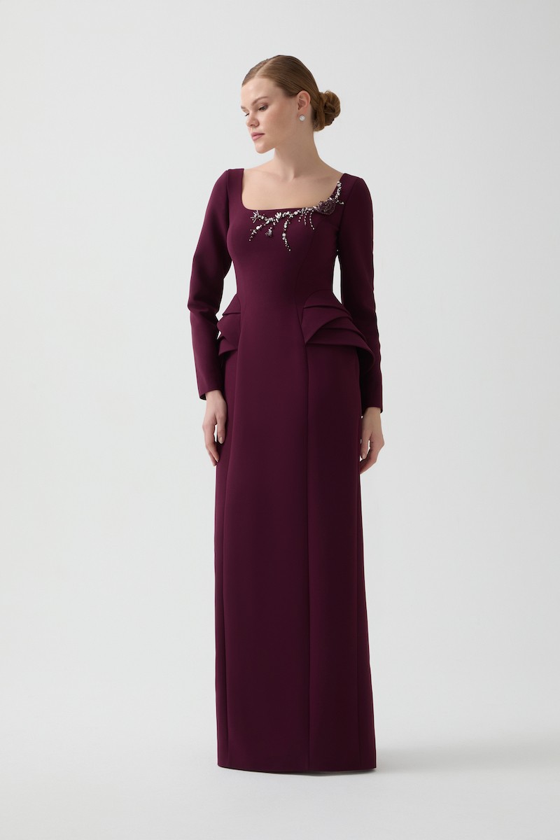 R126 - Square Neckline, Hand-Embroidered Neckline Details, Long Sleeves, Tiered Peplum Waist, Paneled Fitted Cut, Back Slit, Full-Length Dress 