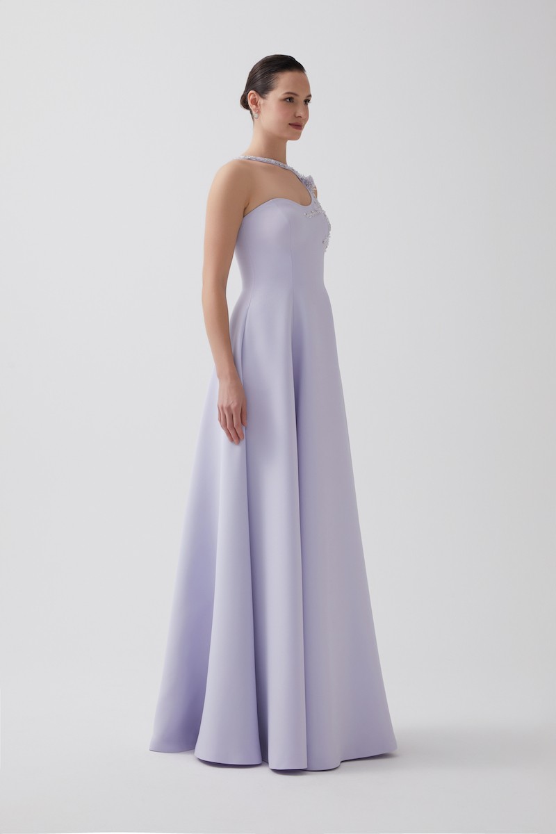 R96 - One-Shoulder Strap, Hand-Embroidered Neckline and Straps, Pockets, Flared Skirt, Full-Length Dress