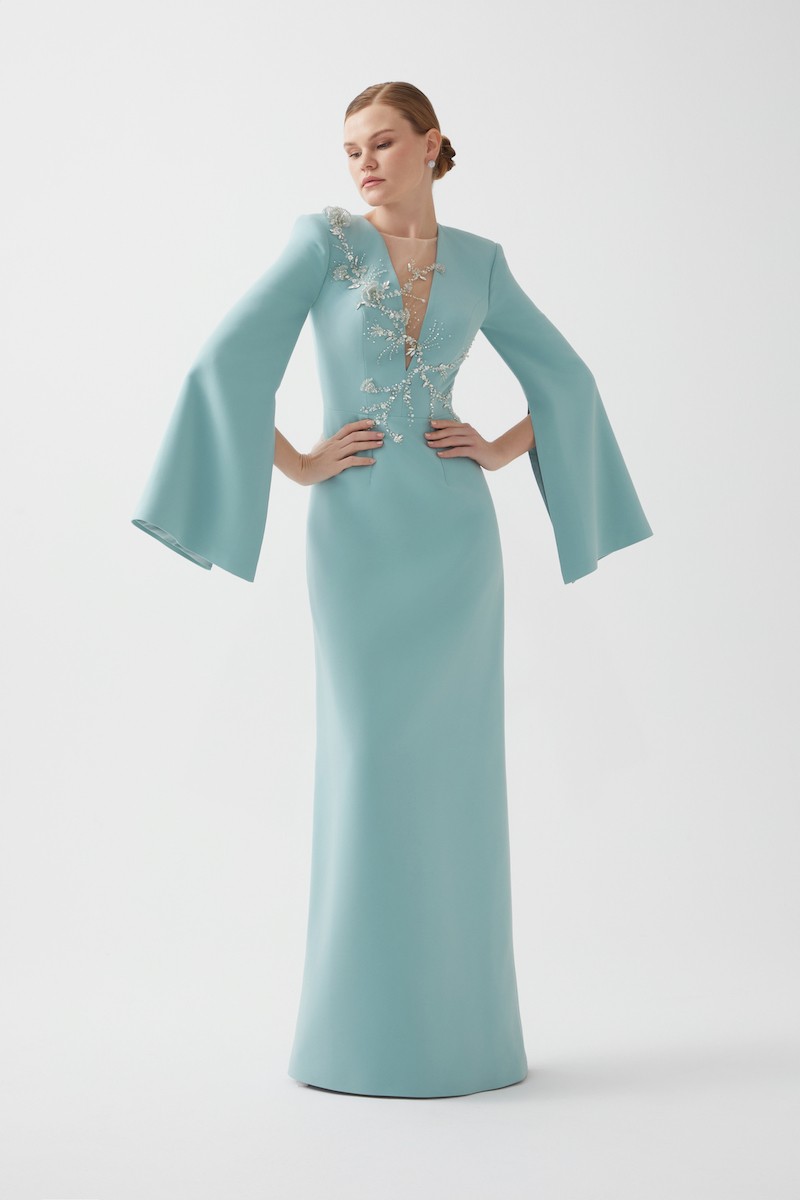 R101 - V-Neckline, Padded Shoulders, Hand-Embroidered Shoulder Details, Slit Ruffled Sleeves, Back Slit, A-Line, Full-Length Dress