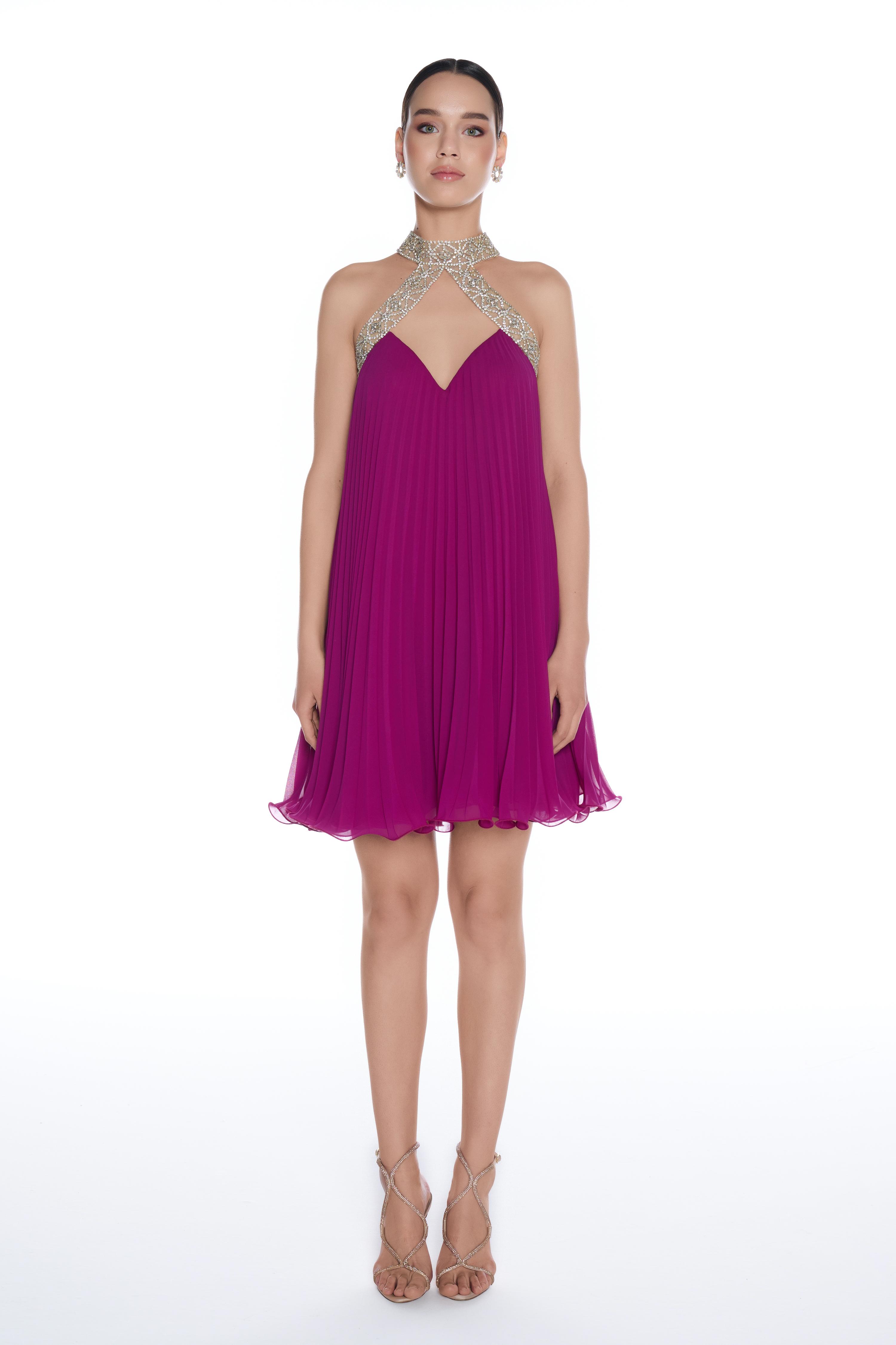 R46 - Halter Neck, Plunging Neckline, Vollar with Swarovski and Stone Hand Embroidery, Complete Pleated, Mini Dress