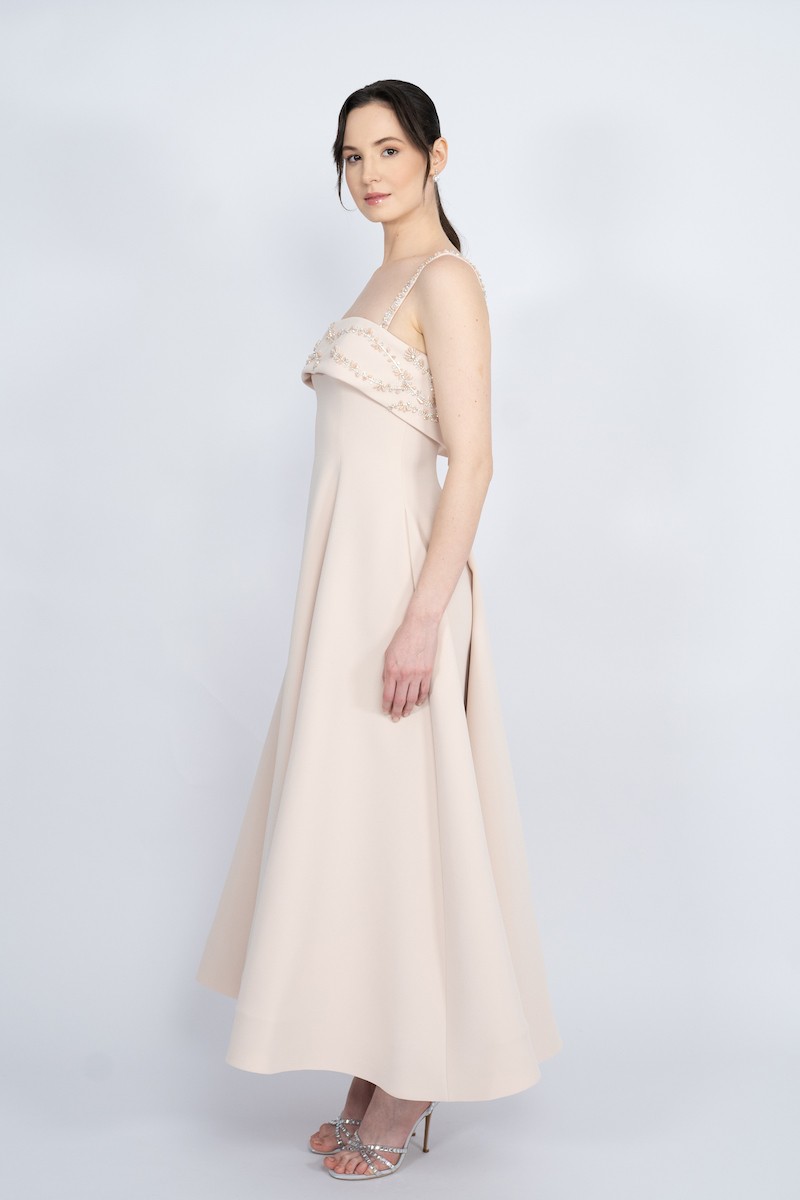 R56 - Strap Shoulder, Strapless Neckline, Bust and Straps Embellished, Hidden Pocket, Flared Cut , Maxi Dress