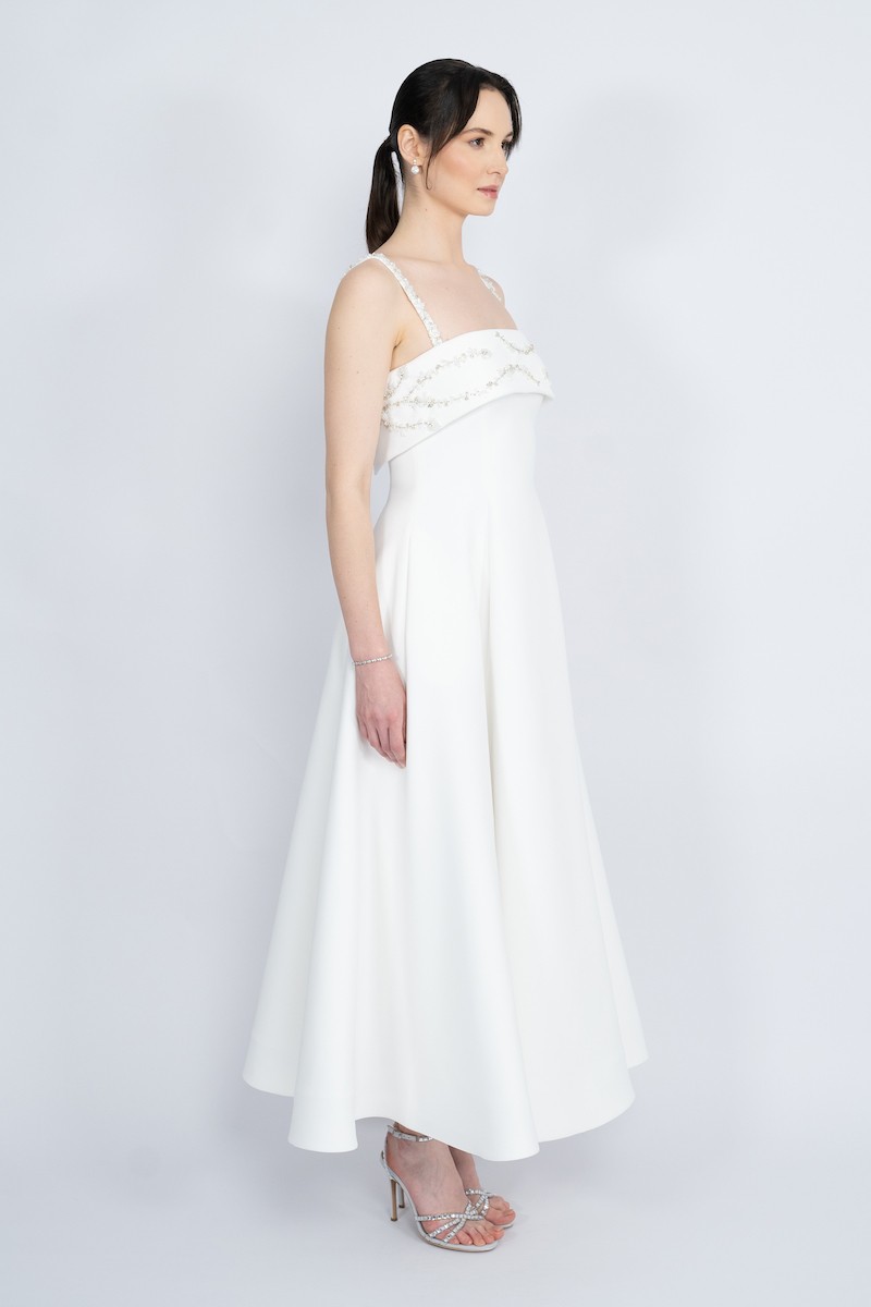 R56 - Strap Shoulder, Strapless Neckline, Bust and Straps Embellished, Hidden Pocket, Flared Cut , Maxi Dress