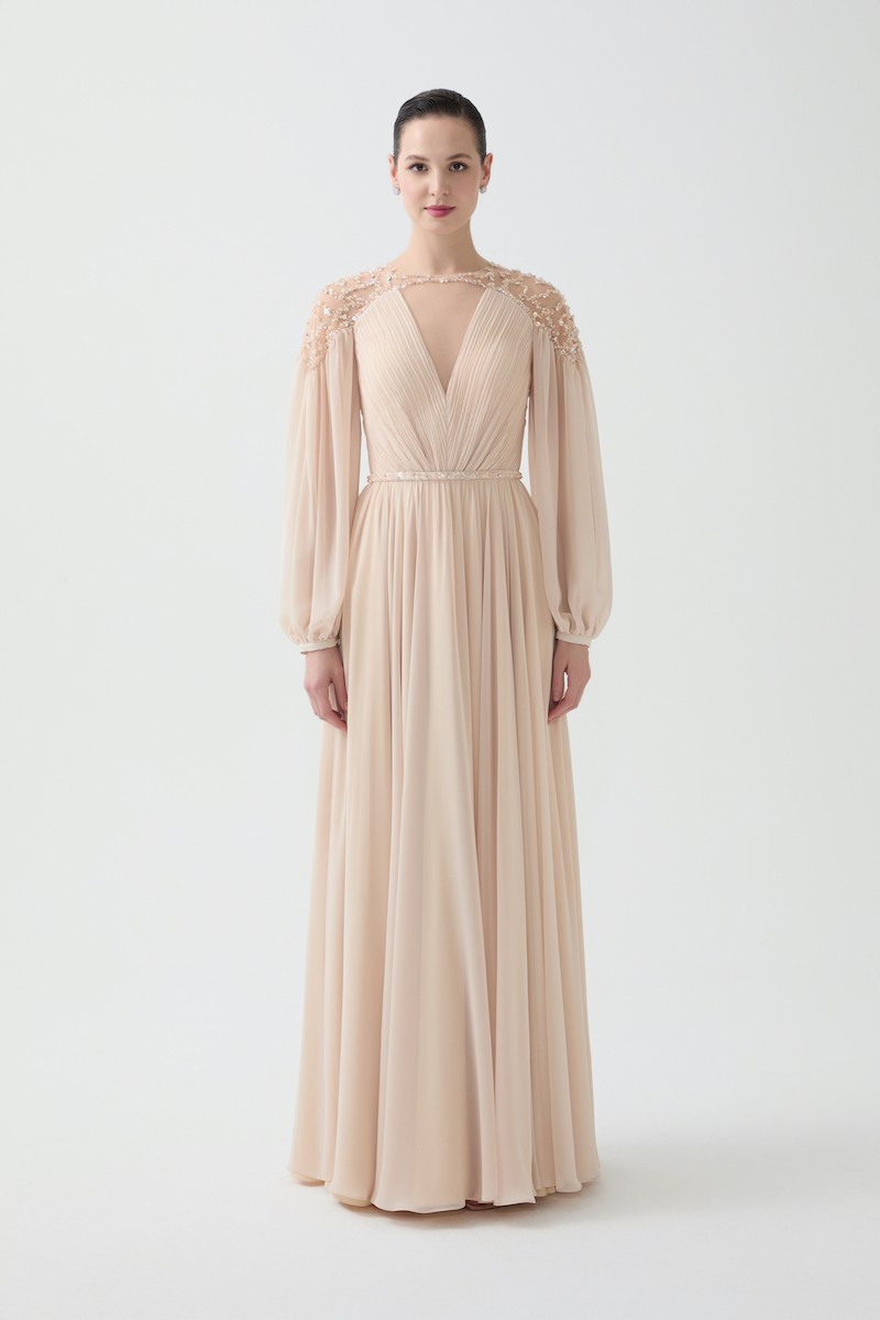 R92 - V-Neckline, Sheer Hand-Embroidered Shoulders, Chiffon Princess Sleeves, Wrinkled Pleats, Gathered Waist, Removable Hand-Embroidered Belt, Flared Cut, Full-Length Dress