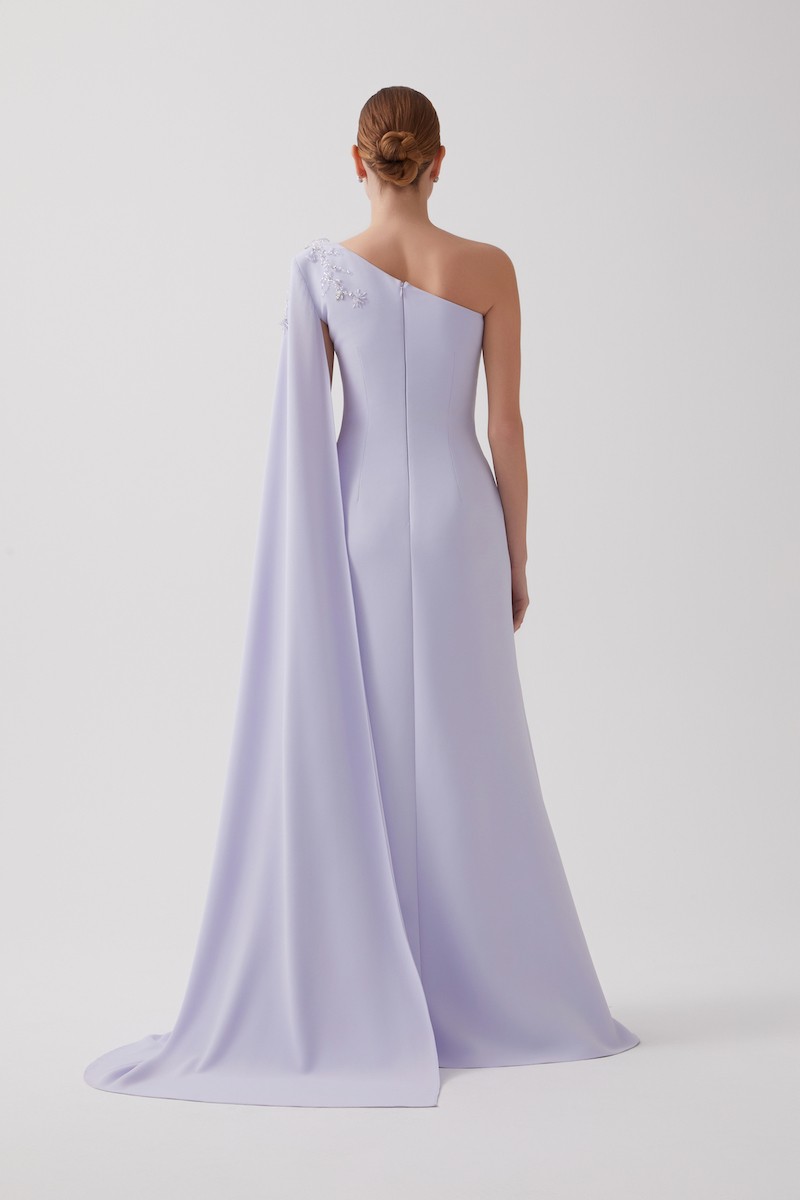 R123 - One-Shoulder, Shoulder Cape, Padded, Hand-Embroidered Shoulder Details, Front Slit, Mermaid Cut, Full-Length Dress