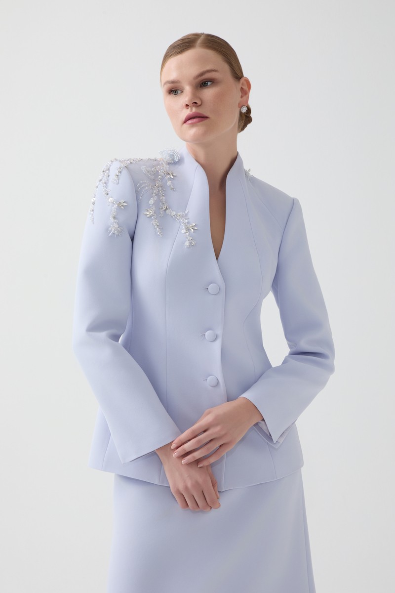 R116 - High V-Neckline, Padded Shoulders, Long Sleeves, Embroidered Shoulder Details, Fabric-Covered Front Buttons, A-Line Cut, Two-Piece Suit