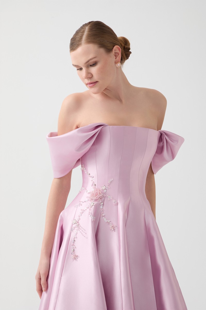 R122 - Strapless, Corset Bodice, Off-Shoulder Sleeves, Hand-Embroidered Front Details, Paneled Flared Cut, Full-Length Dress