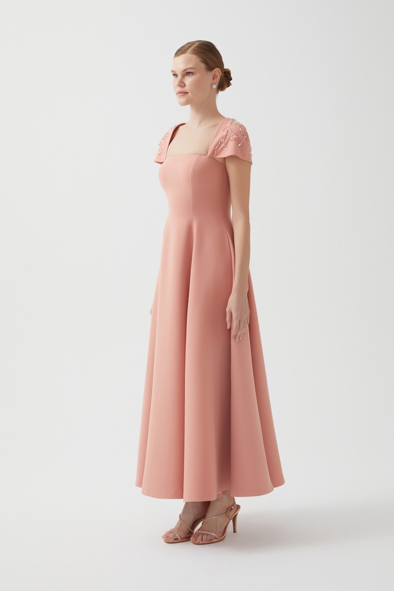 R99 - Square Neckline, Short Sleeves, Hand-Embroidered Shoulder Details, Pocketed, Paneled Flared Cut, Maxi-Length Dress