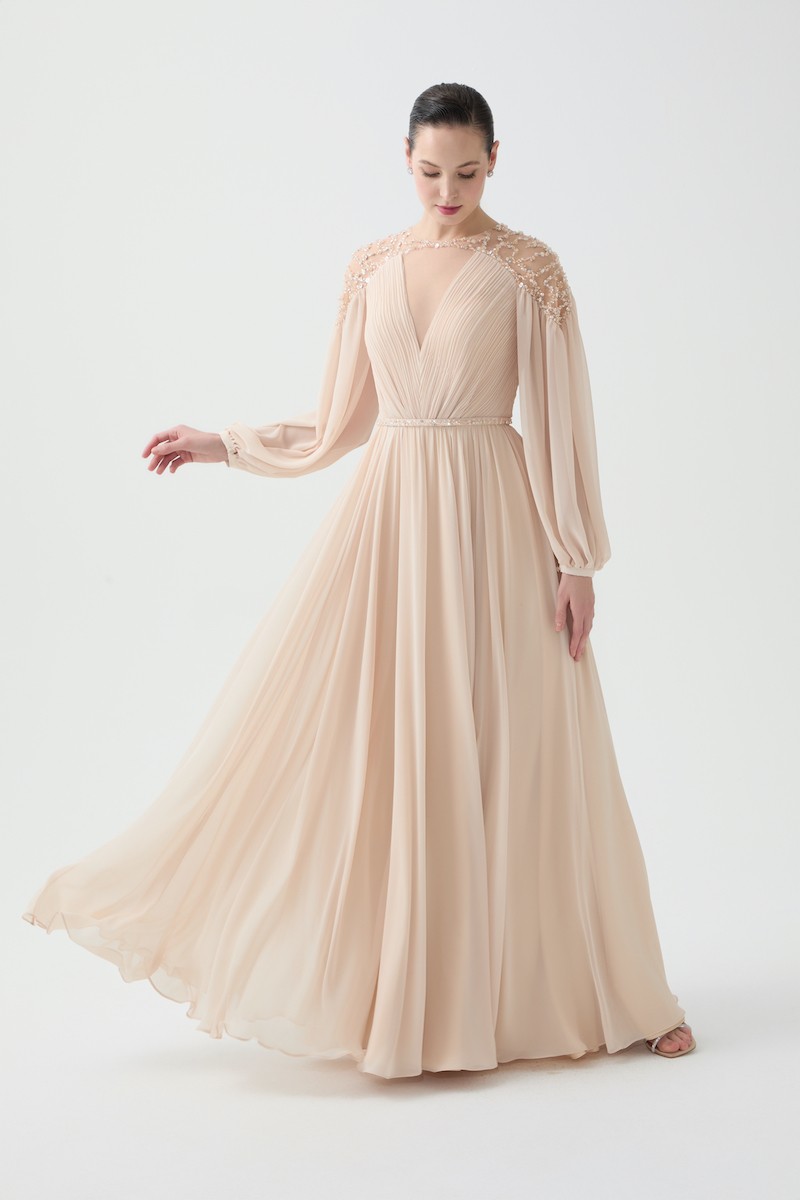 R92 - V-Neckline, Sheer Hand-Embroidered Shoulders, Chiffon Princess Sleeves, Wrinkled Pleats, Gathered Waist, Removable Hand-Embroidered Belt, Flared Cut, Full-Length Dress