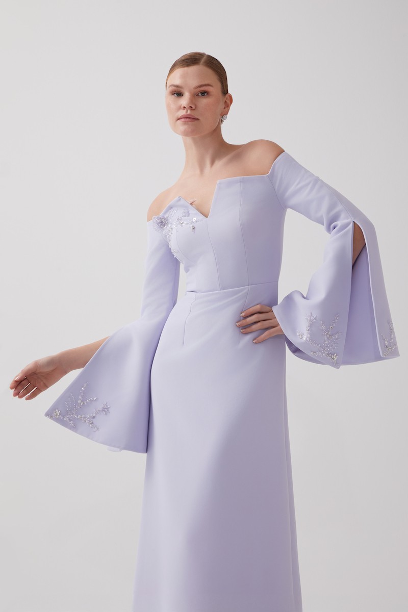 R120 - Off-Shoulder, V-Neckline, Bell Sleeves with Slits and Hand-Embroidered Details, Removable Hand-Embroidered Belt, Back Slit, A-Line, Full-Length Dress