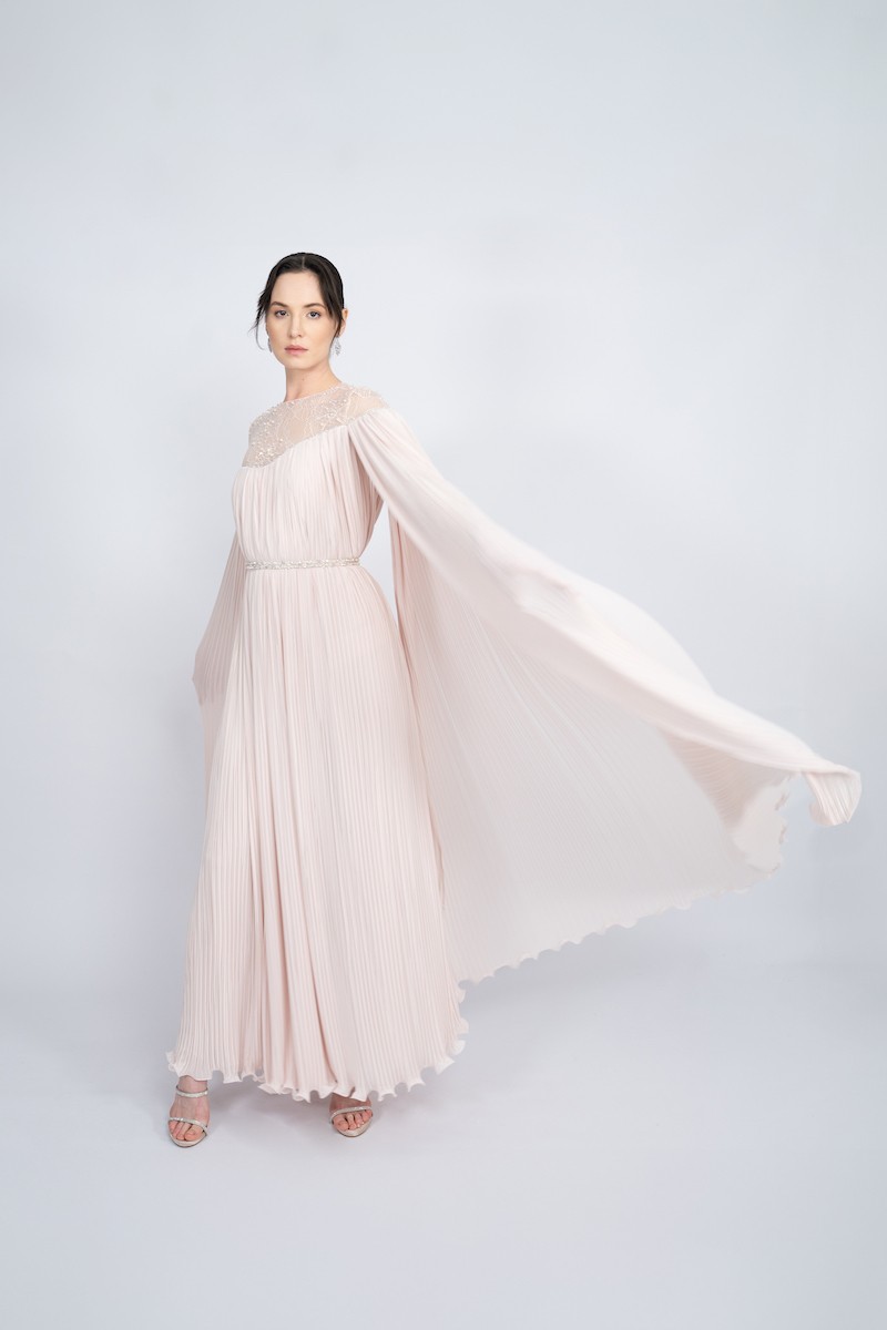 R67 - Bicycle Neck, Top Body Robe, Cape Sleeve, Body and Sleeves Pleated, Detachable Hand-Embroidered Belted, Top Body Stone and Bead Hand-Embroidered on Lace, Maxi Dress