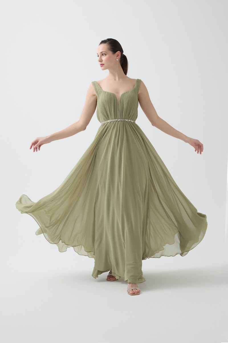 R94 - V-Neckline, Wrinkled Pleats, Removable Hand-Embroidered Cape and Belt Details, Flared Skirt, Full-Length Dress