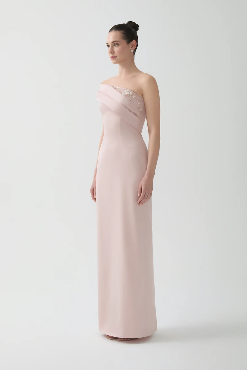 R130 - Asymmetrical One-Shoulder, Sheer Single Sleeve, Hand-Embroidered, Back Slit, Straight Cut, Full-Length Dress