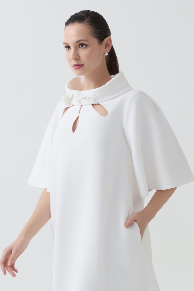 R84 - Ruffled Sleeves, Hand-Embroidered High Collar, Front Keyhole Cut-Out, Loose Fit, Pockets, Full-Length Dress