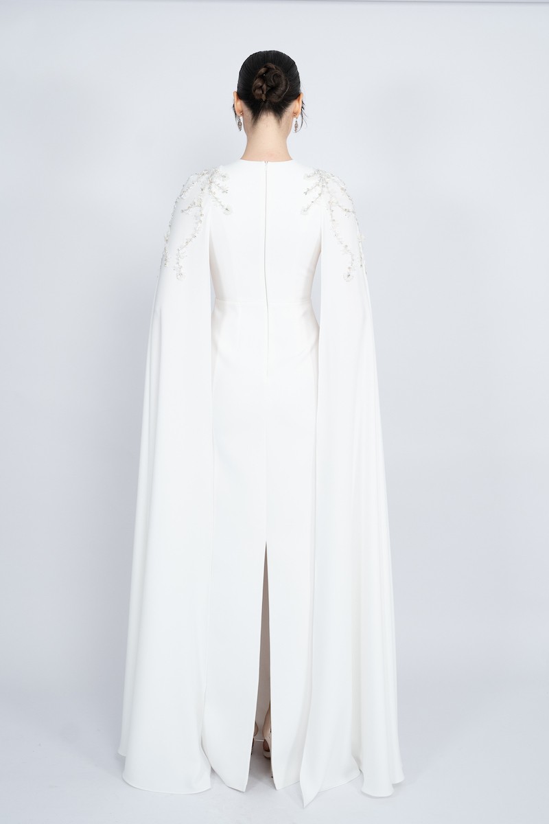 R49 - Straight Cut with Cape, Deep Neckline, Hand-Embroidered Shoulders, Slit at the Back, Long Dress