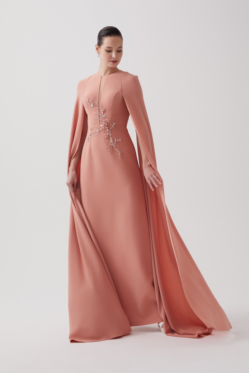 R102 - Deep V-Neckline, Long Cape Sleeves, Hand-Embroidered Front Detail, Back Slit, A-Line, Full-Length Dress