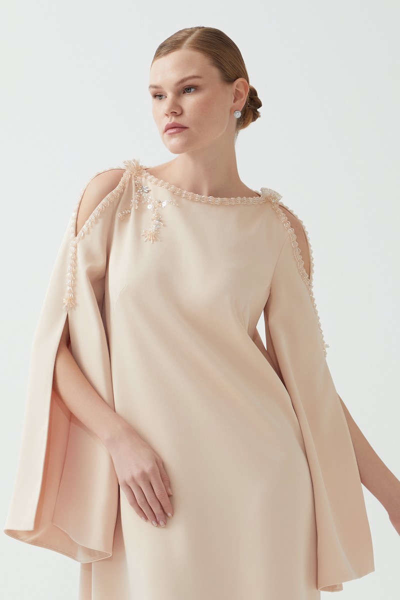 R82 - Ruffled Sleeves, Shoulder and Arm Cut-Outs, Boat Neckline, Hand-Embroidered Details, Loose Fit, Full-Length Dress