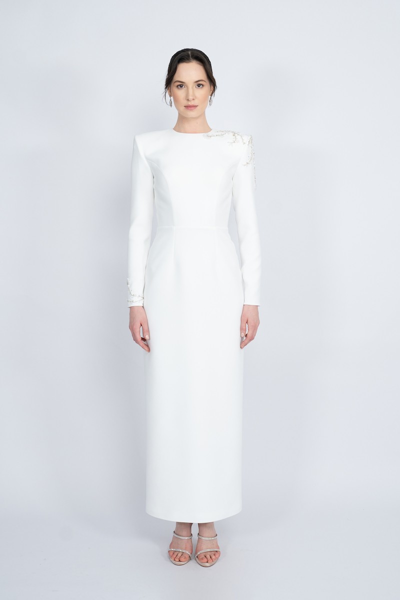 R48 - Straight Cut, Padded Shoulders, Crew Neck, Low Back, Hand Embroidered Shoulders and Sleeves, Slit at the Back, Maxi Dress